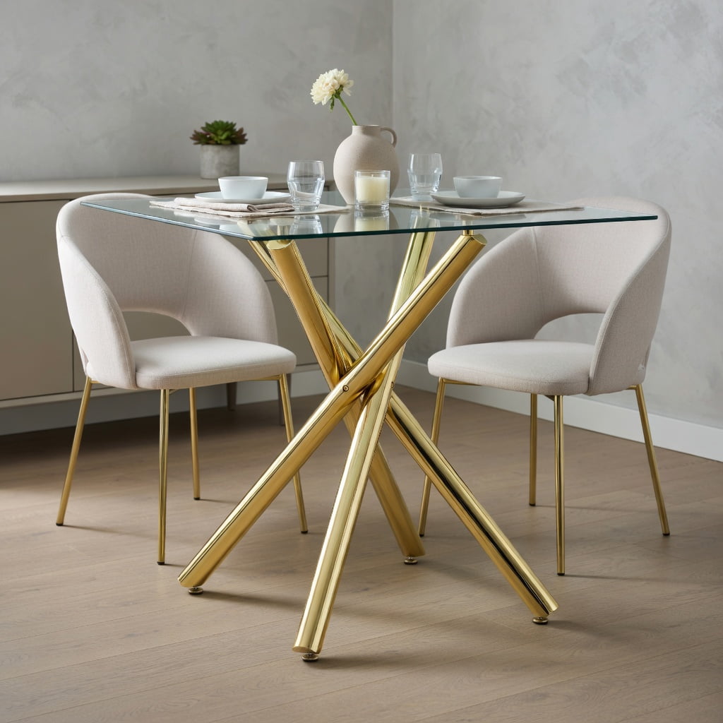 Hommoo Modern 3-Piece Glass Bar Table Set with Adjustable Swivel Bar Stools, Chrome X-Base & PU Leather, Counter Height for Kitchen Island, Home Bar & Small Spaces, Black & Gold