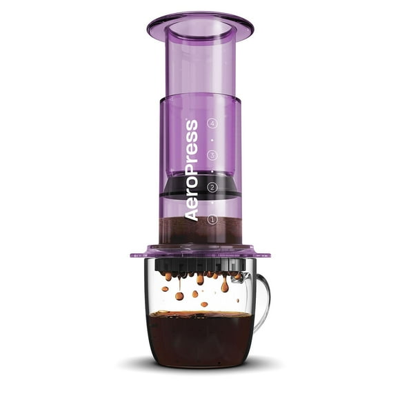 AeroPress Clear Purple Coffee Press - Método de preparación 3 en 1 que combina prensa francesa, espresso, café con cuerpo sin arena ni amargor, pequeña cafetera portátil para acampar y viajar, morado