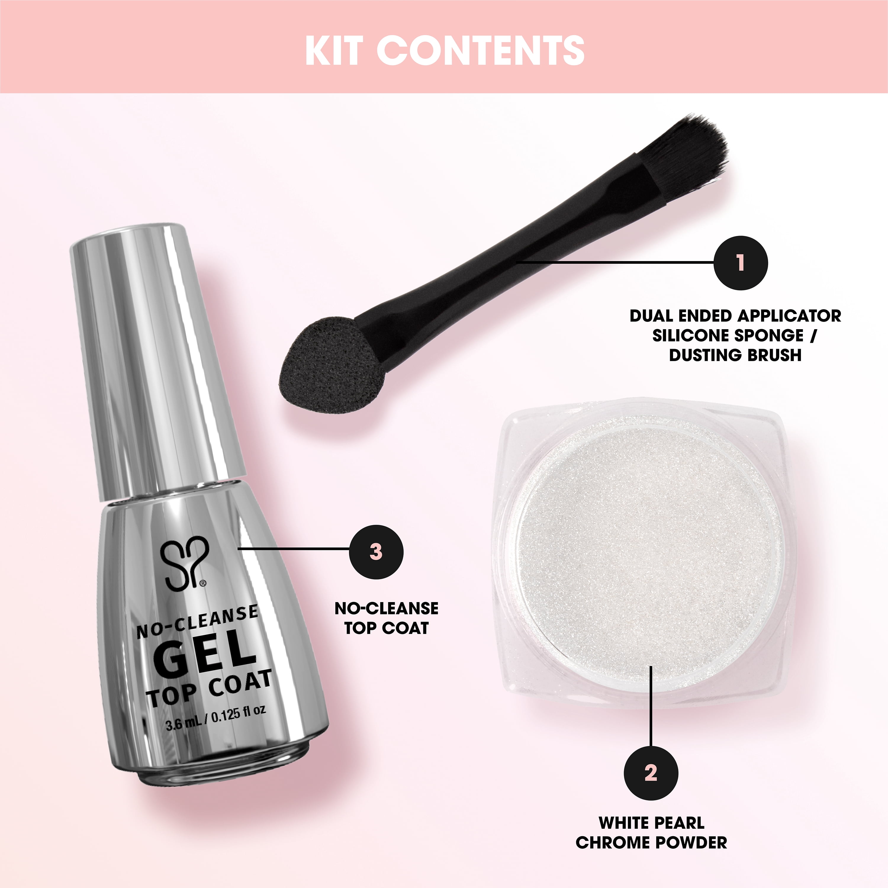 Salon Perfect Glazed Chrome Kit, White Pearl Chrome Powder 5g , No Cleanse Top Coat 0.125 fl oz & Applicator Tool Included