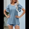 thumbnail image 4 of Blusas Verano para Mujer con Mangas Pétalos, Camisetas Encaje Crochet con Cuello Redondo, Camisetas Casuales Holgadas Color Sólido, Camisetas Básicas Tipo Túnica. Azul Gris S, 4 of 10
