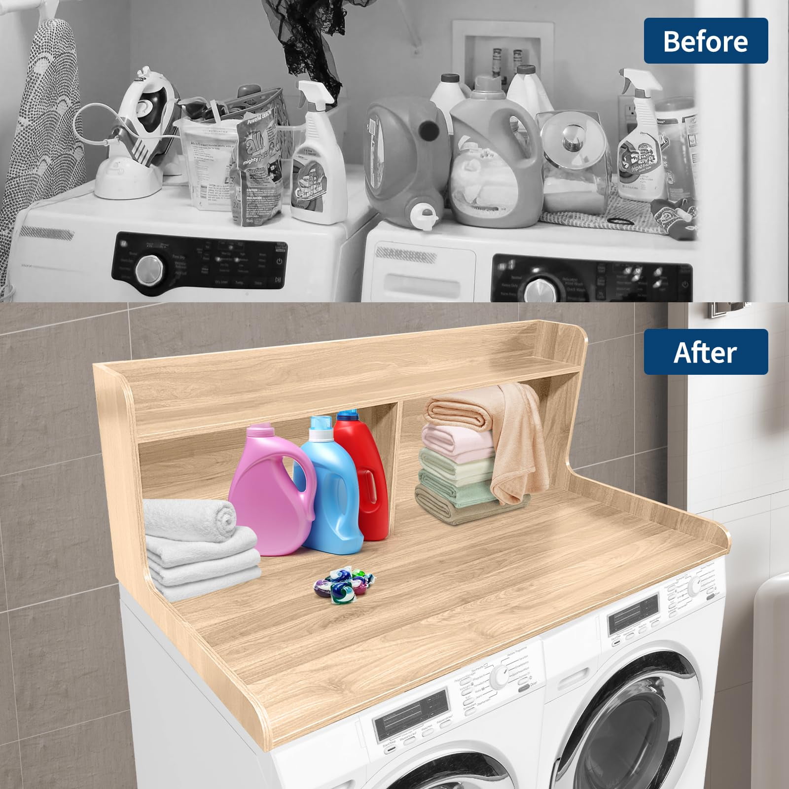Huisuilinss 2-Tier Washer Dryer Countertop,Waterproof Washer Dryer Cover,Wood Laundry Countertop Cover With Edge Rails,Anti-Slip Pads,Laundry Topper For Folding Clothes Over Washer And Dryer