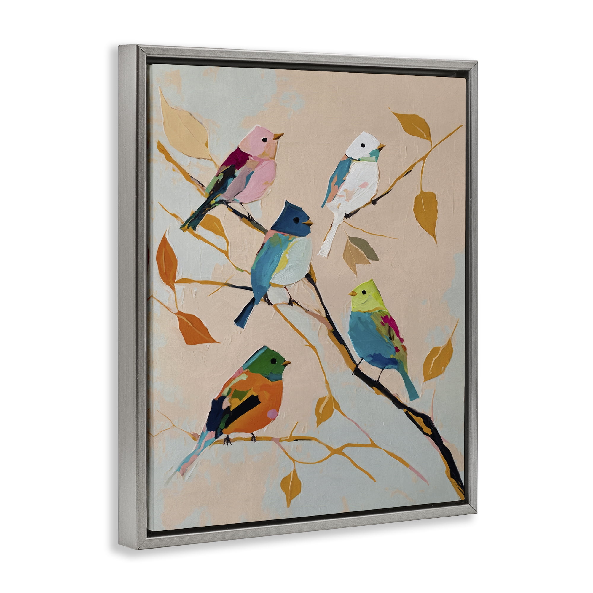 Stupell Industries Parakeets on Fall Branch Animals Painting Gray Floater Framed Canvas Art Print Wall Art, 17 x 21