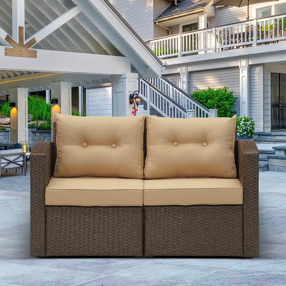 SUNVIVI OUTDOOR Modular Collections Patio Loveseat, Outdoor Brown Rattan Corner Sofa Chair Set with Seat and Back Cushions, Aluminum Frame