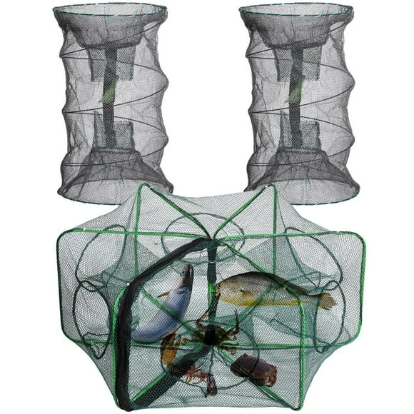 3 PCS Fishing Net Traps, Cylindrical Hexagon Crab Traps Crawfish Fishing Mesh Nets, Fishing Bait Traps, Lobster Shrimp Net Traps, Portable Folded Fishing Accessories