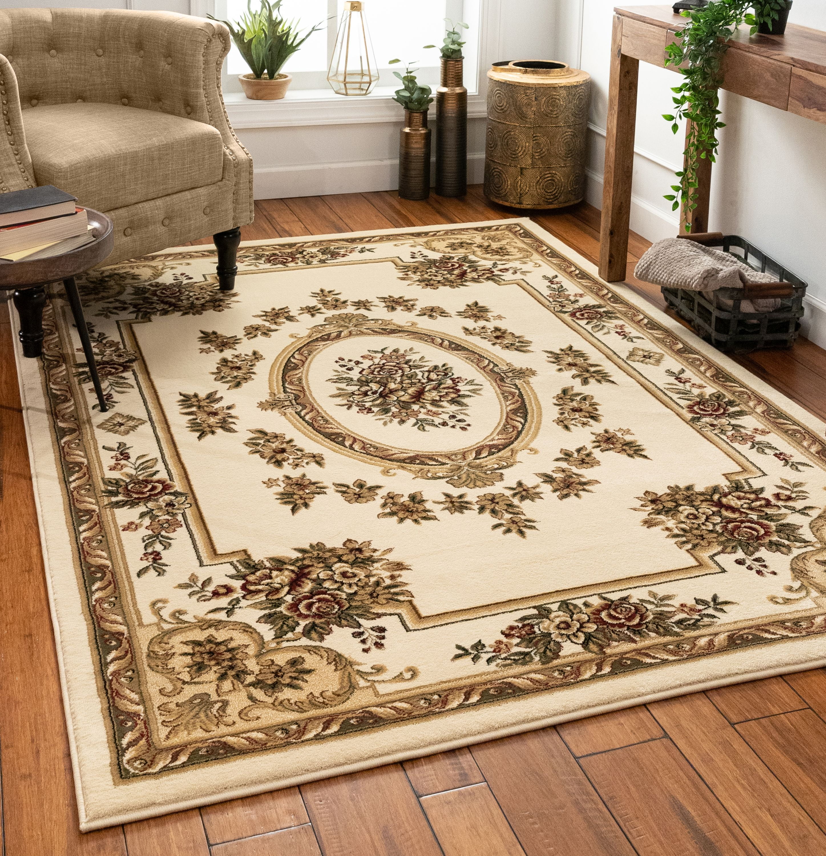 Pastoral Medallion Ivory French European Formal Traditional 5x7 53 X 73 Area Rug Easy To Clean Stain Fade Resistant Shed Free Contemporary Floral Thick Soft Plush Living Dining Room Rug