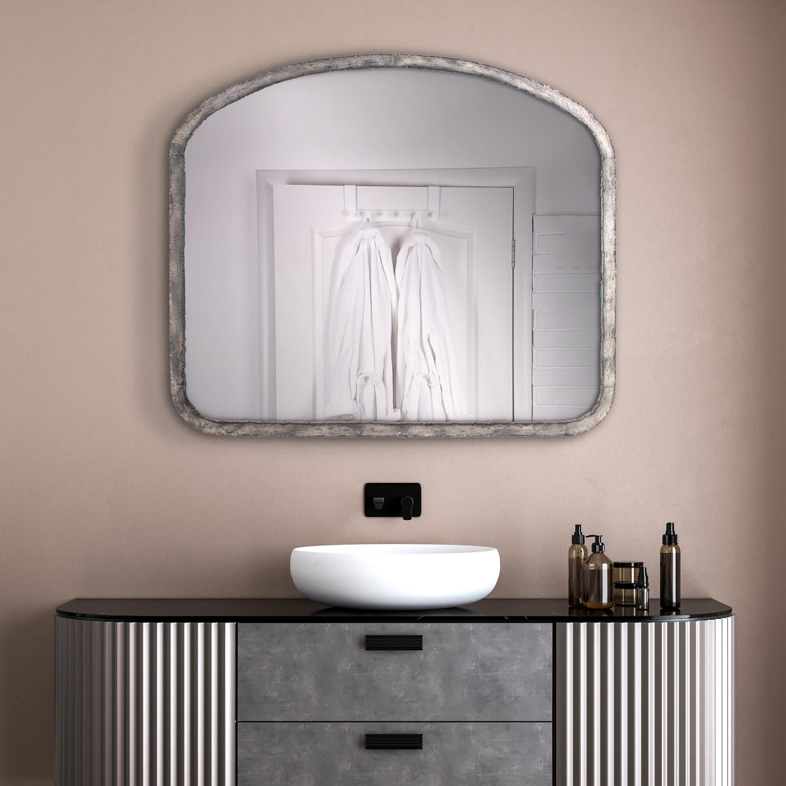 Tyler Dillon Arched Wall Mirror with Industrial Metal Frame 42"W x 36"H