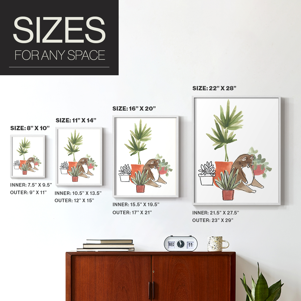 Purrfect Plants II Framed Print in White Solid Wood Framed Print No Nail Hanging