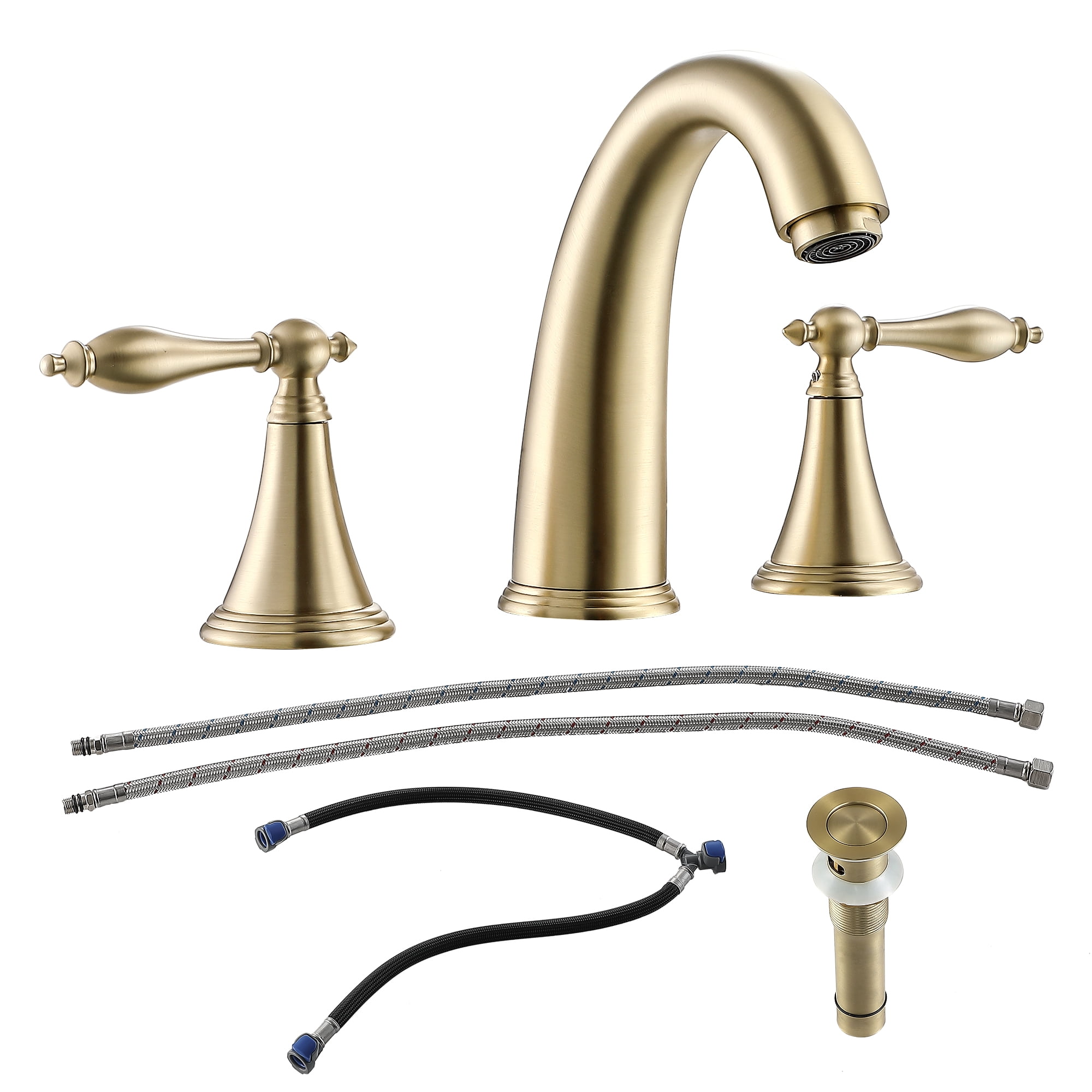 Gold Stainless Steel 2-Handle 3-Hole Wide Spread Bathroom Faucet (with Pop-Up Drain and 2 Water Supply Lines)