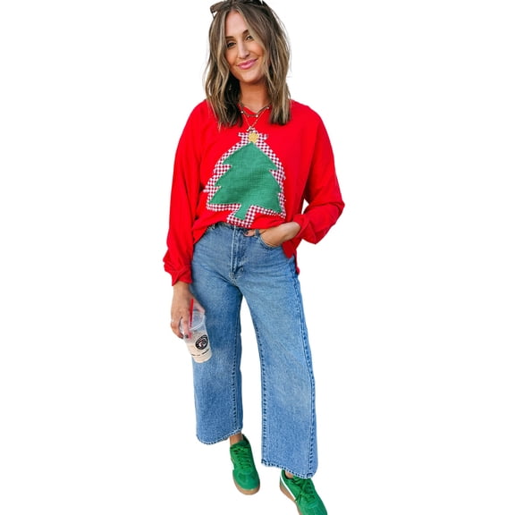 Women's Fiery Red Plaid Drop Shoulder Sweatshirt with Christmas Tree Patches – Casual Daily Wear for Fall Comfort, XL