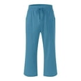 thumbnail image 4 of Women Casual Capris Straight Leg Drawstring Elastic Waist Linen Pants with Pockets, 4 of 5