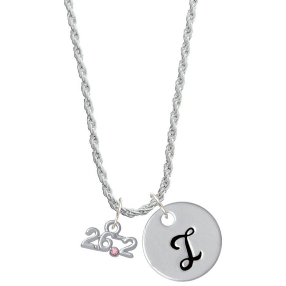 Delight Jewelry Silvertone Marathon - 26.2 with Pink Crystal Silvertone Script Initial Disc - I - Charm Necklace, 20"+3"