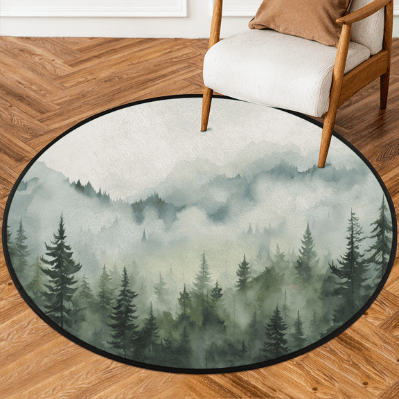 CURLYOOT Round Rug 3ft Forest Tree Foggy Mountain Area Rug, Washable Circle Mat Non Slip Floor Carpet Mat, Soft Indoor Rugs for Entryway Living Room Dining Room Bedroom