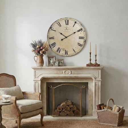 MODE HOME 24 Large Vintage Yellow Wall Clock, Silent Non-Ticking Farmhouse Decor, Roman Numerals, Battery Operated Round Clock for Living Room, Kitchen