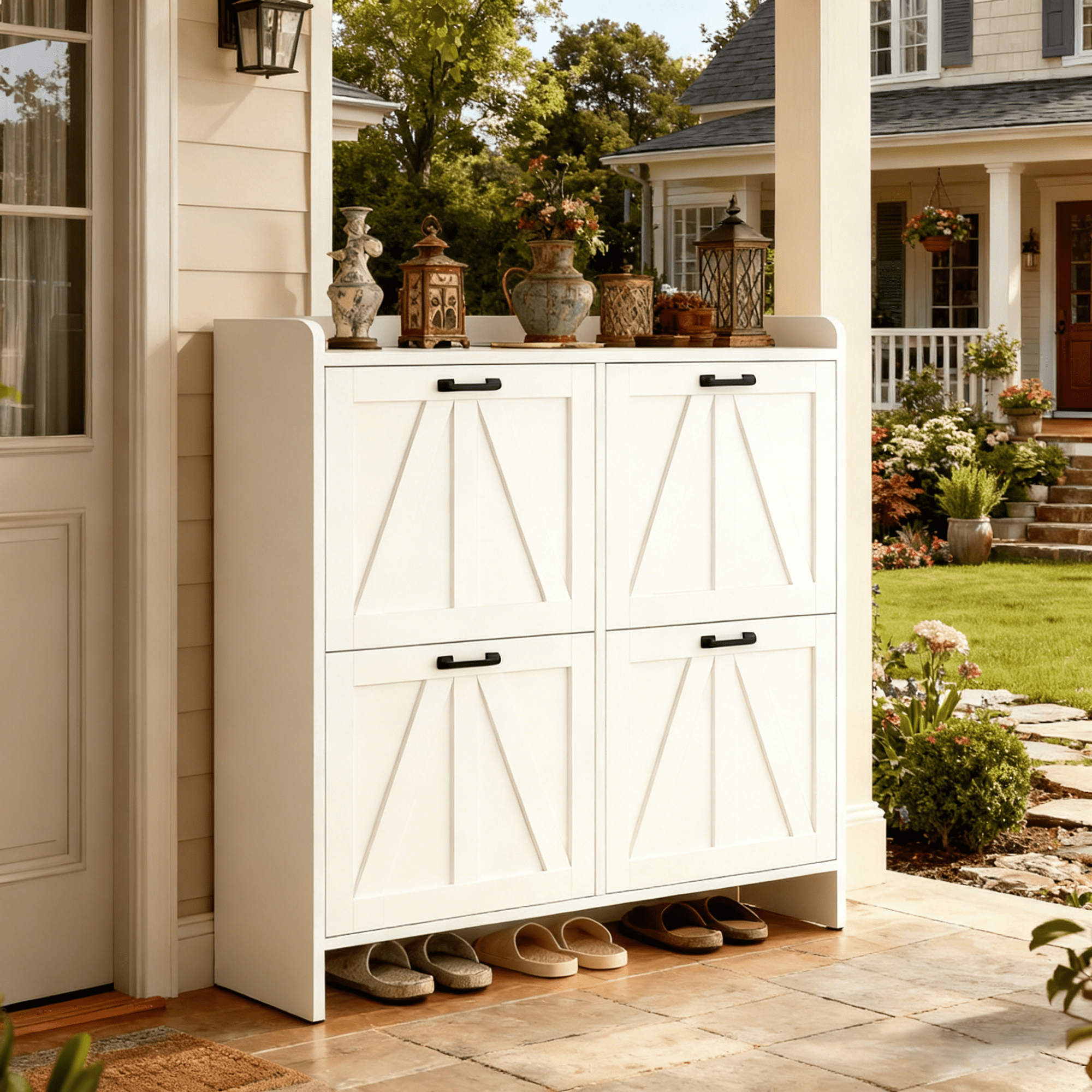 Leumius Modern Fence Shoe Cabinet with 4 Flip Drawers, Sleek Space-Saving Entryway Organizer for Living Room White