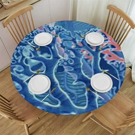 

Coastal Coral Round Fitted Tablecloth with Elastic Edge Ocean Table Cover Waterproof Table Cloths for Round Tables Marine Theme Circle Table Covers for Kitchen