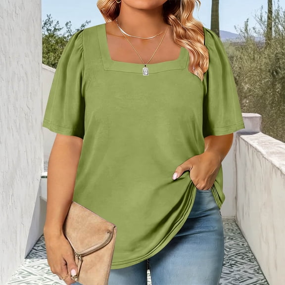 Craaazy Ladies Plus Size Fashion Topss, Short Sleeve Square Neck Casual Shirt, Puff Sleeve Comfy Tee for Everyday Outfits Gifts
