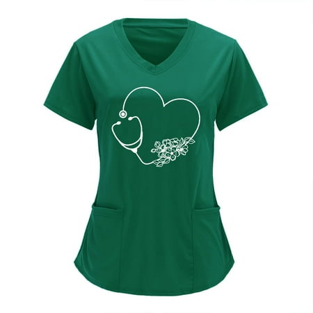 

JWZUY Womens Cozy Heart Print Top and Scrub Tops Nursing Uniform Medical Scrub Tunic Tees V Neck Short Sleeve Shirts Green XL