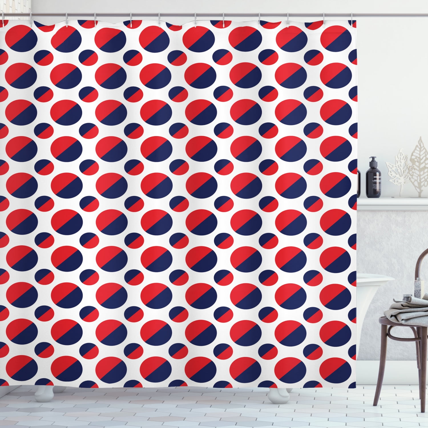 Ambesonne Geometric Shower Curtain, Red Circles Rounds, 69"Wx75"L, Navy