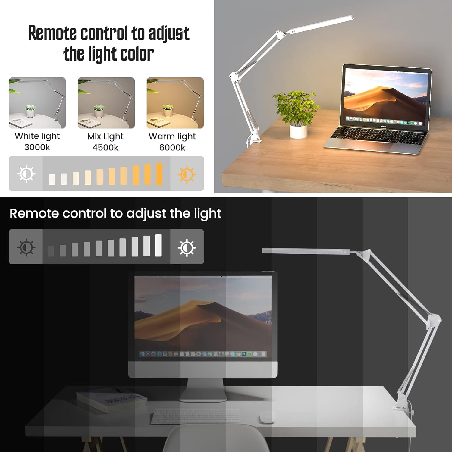 Jxr LED Desk Lamp, Swing arm Desk Light with clamp, 3 Lighting 10 Brightness Eye-Caring Modes, Reading Desk Lamps for Home Office 360 Degree Spin with USB Adapter & Memory Function