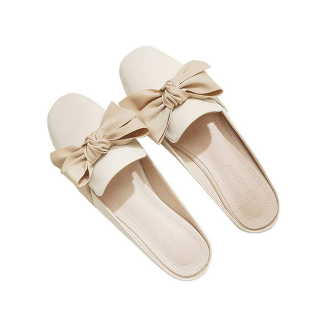 MAWCLOS Ladies Slippers Slip On Mules Closed Toe Nonslip Summer Slipper Flat Casual Clogs Shoes Solid Color Apricot 4.5