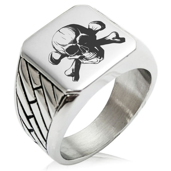 Tioneer Stainless Steel Iconic Pirate Crossbones Skull Geometric Pattern Biker Style Polished Ring