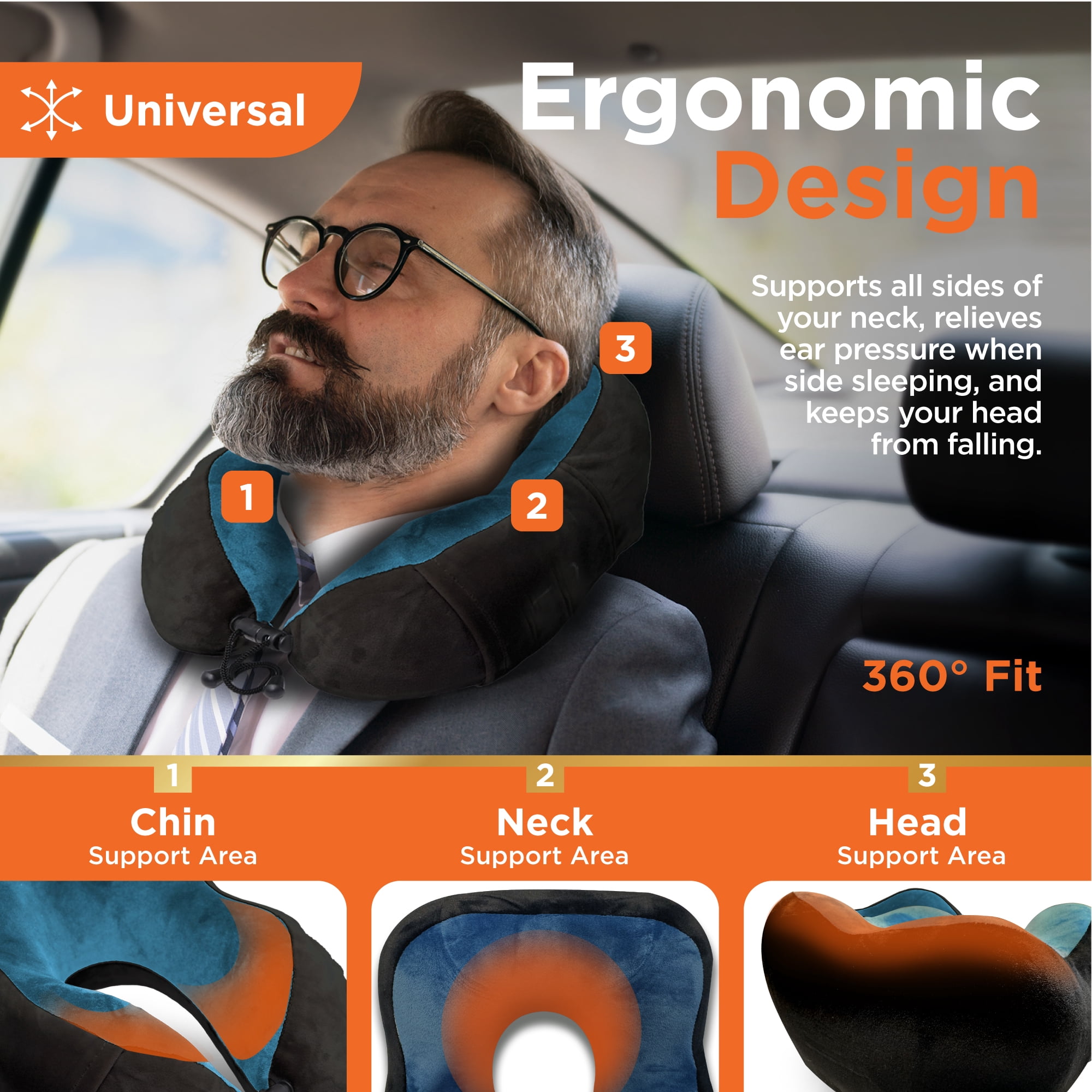 BLACK+DECKER Memory Foam Neck Pillow with Phone Pocket, Ergonomic Travel Pillow, Blue