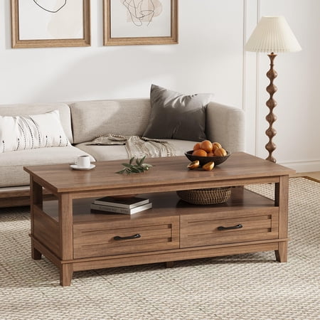 Garderth Farmhouse Coffee Table,47.2" Center Table With Drawer,Rustic Wood Cocktail Table,Living Room Table With Open Shelf And 6 Support Legs For Home Office