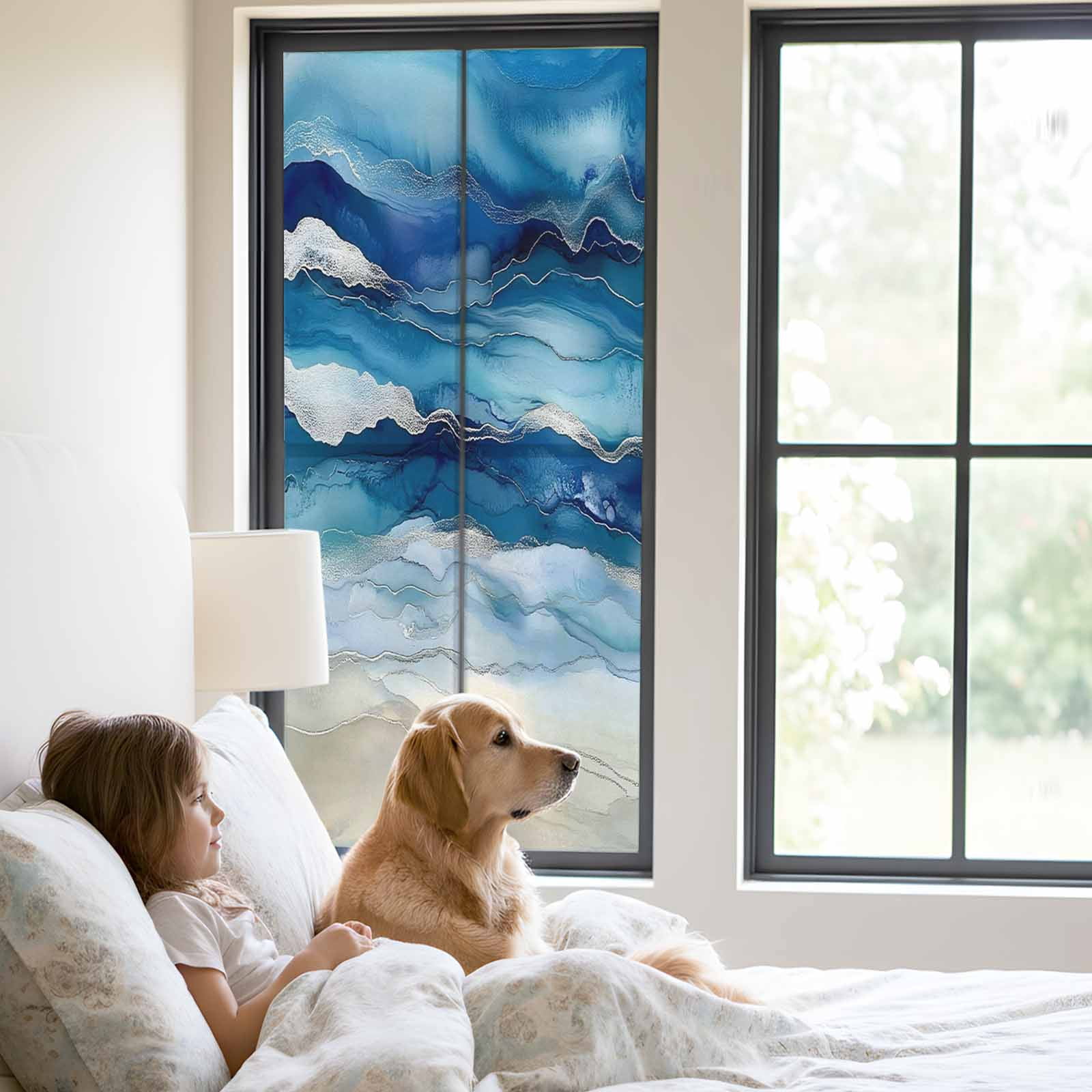 Ocean Waves Window Privacy Film, Gradient Blue White Marble Waves Frosted Glass Window Clings Static Cling UV Heat Blocking Reusable Door Sticker for Bathroom 23.6 x 59 Inch