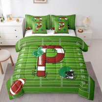 Homewish Cartoon Monogrammed P Bedding Comforter Set 7pcs, Green Brown Football Rugby Queen Bedding Sets, Teens Kids Boys Girls Reversible Queen Sheet Sets, Microfiber Bedroom Decor