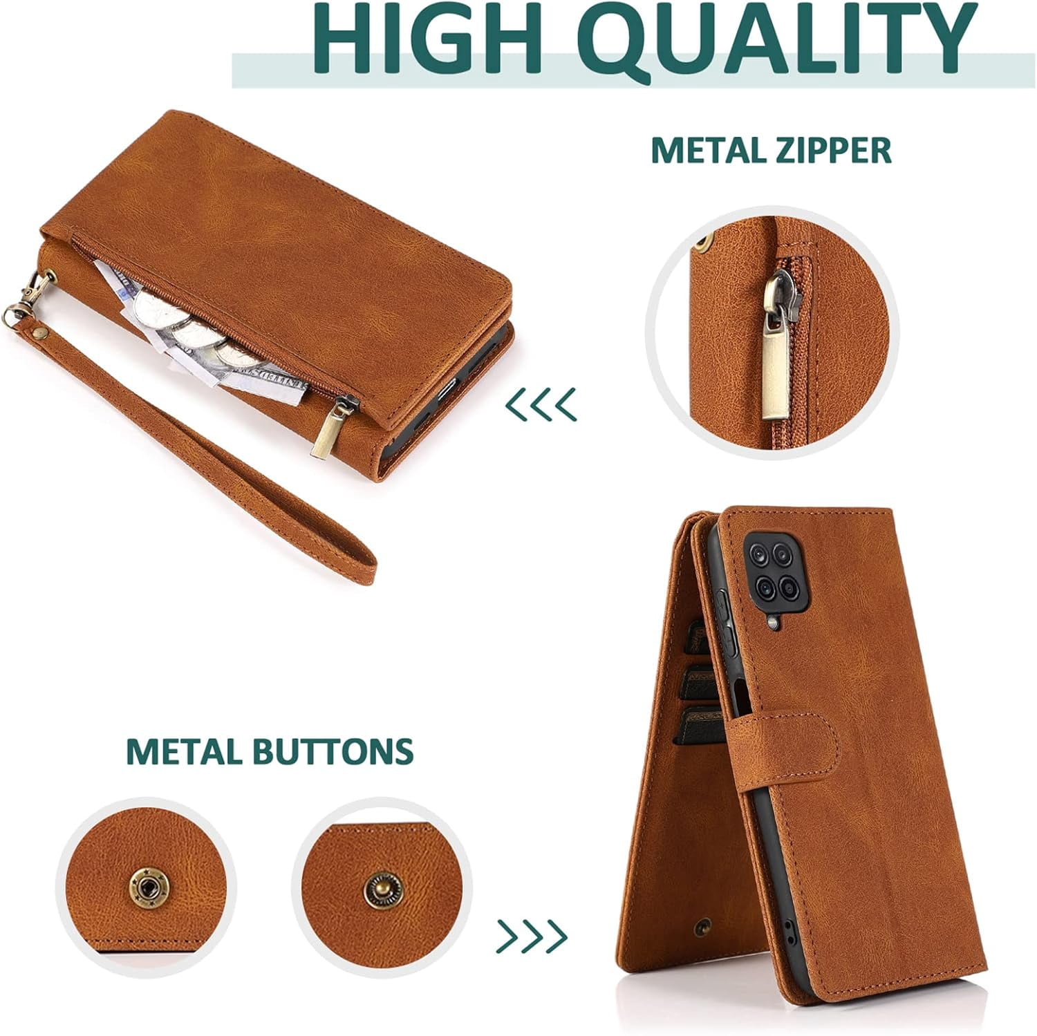 Compatible with Samsung Galaxy A12/M12 Wallet Case Tempered Glass Screen Protector Zipper Leather Flip Cover Card Holder Cell Phone Cases for Glaxay A 12 5G Gaxaly A-12 S12 12A 4G Women Men Brown