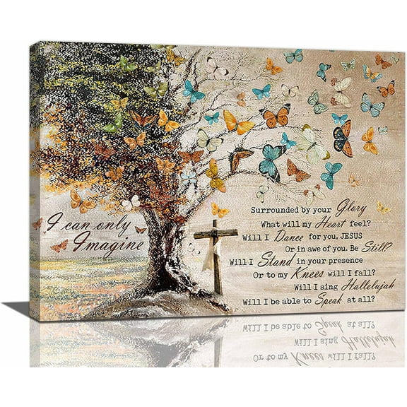 Christian Wall Art Vintage Colorful Butterfly Tree Picture Wall Decor Rustic Bible Verse Painting I Can Only Imagine Inspirational Canvas Prints Modern Framed Home Bathroom Bedroom Decor 16"x12"