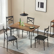 VECELO 5-Piece Wood and Metal Dining Table Set Dining Room Table with 4 Chairs,  Brown
