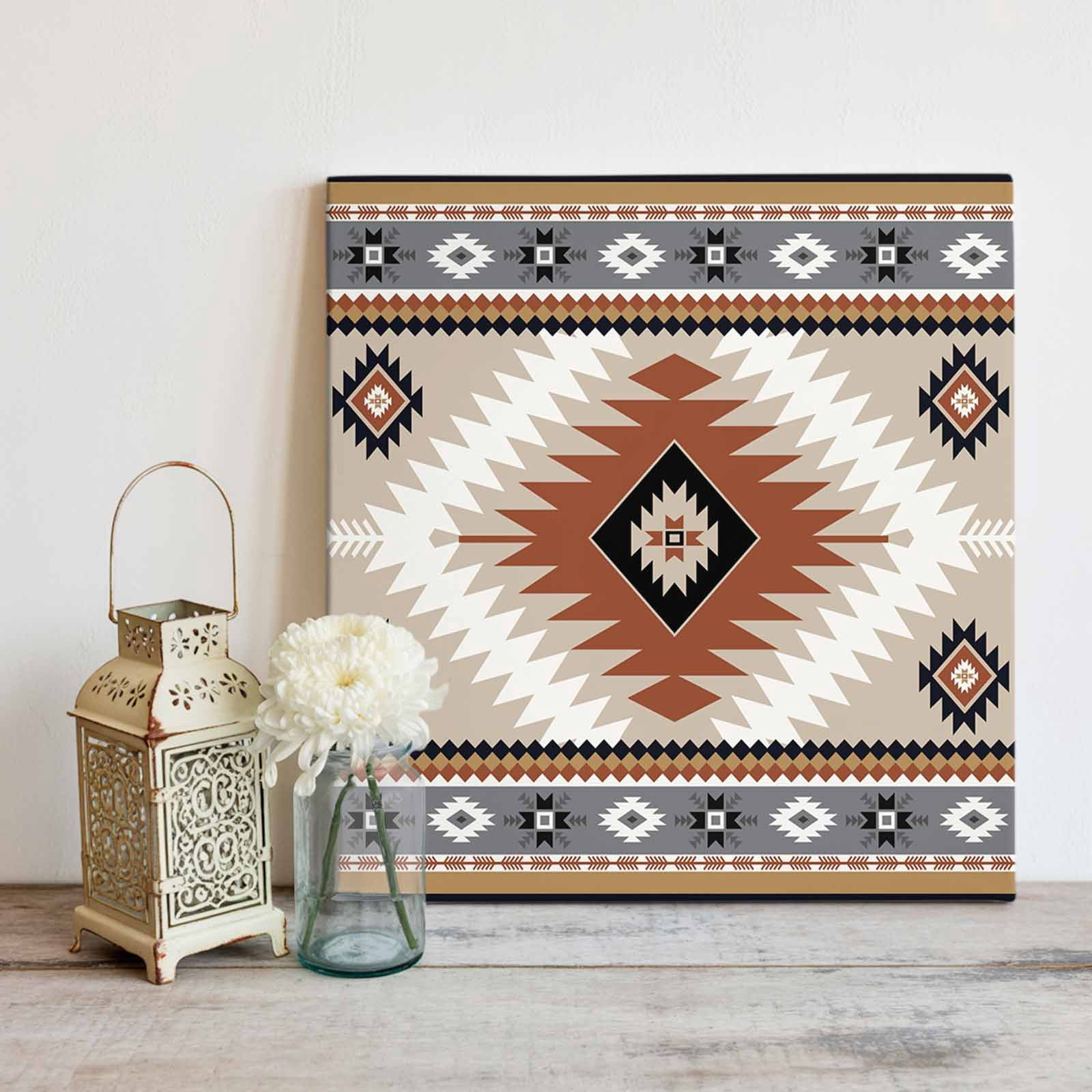 Aztec Southwestern Canvas Wall Art, Ethnic Tribal Style Geometric Orange Khaki Framed Wall Decor Modern Artwork Prints Painting for Living Room, Bedroom, Kitchen & Cafe Decor 20x20 Inch