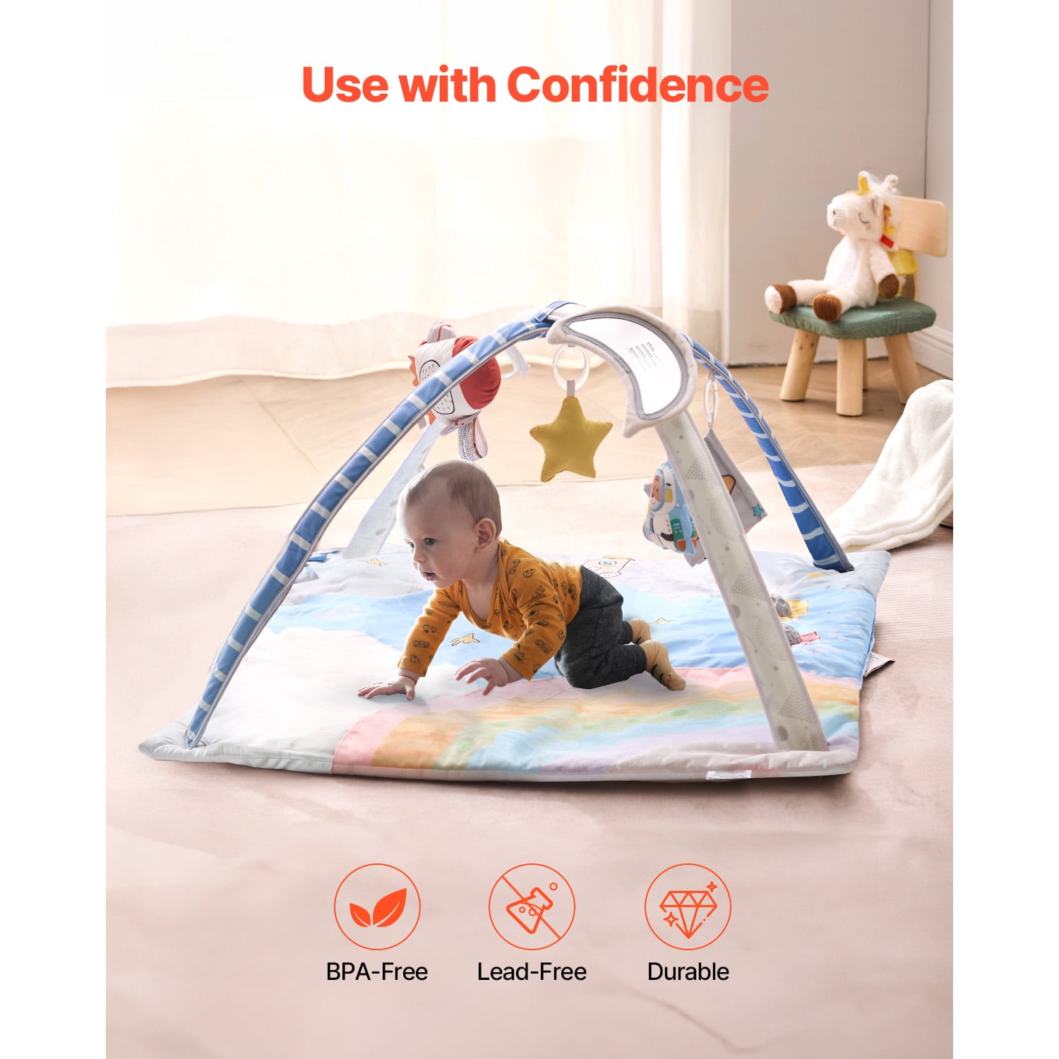 KFFKFF Infant Play Mat, Belly Time Mat with Half a Dozen Interactive Toys, Infant Activity Mat with Illuminated Melodic Spaceship Toy for Newborns Aged 0-18 Months, Essential Present