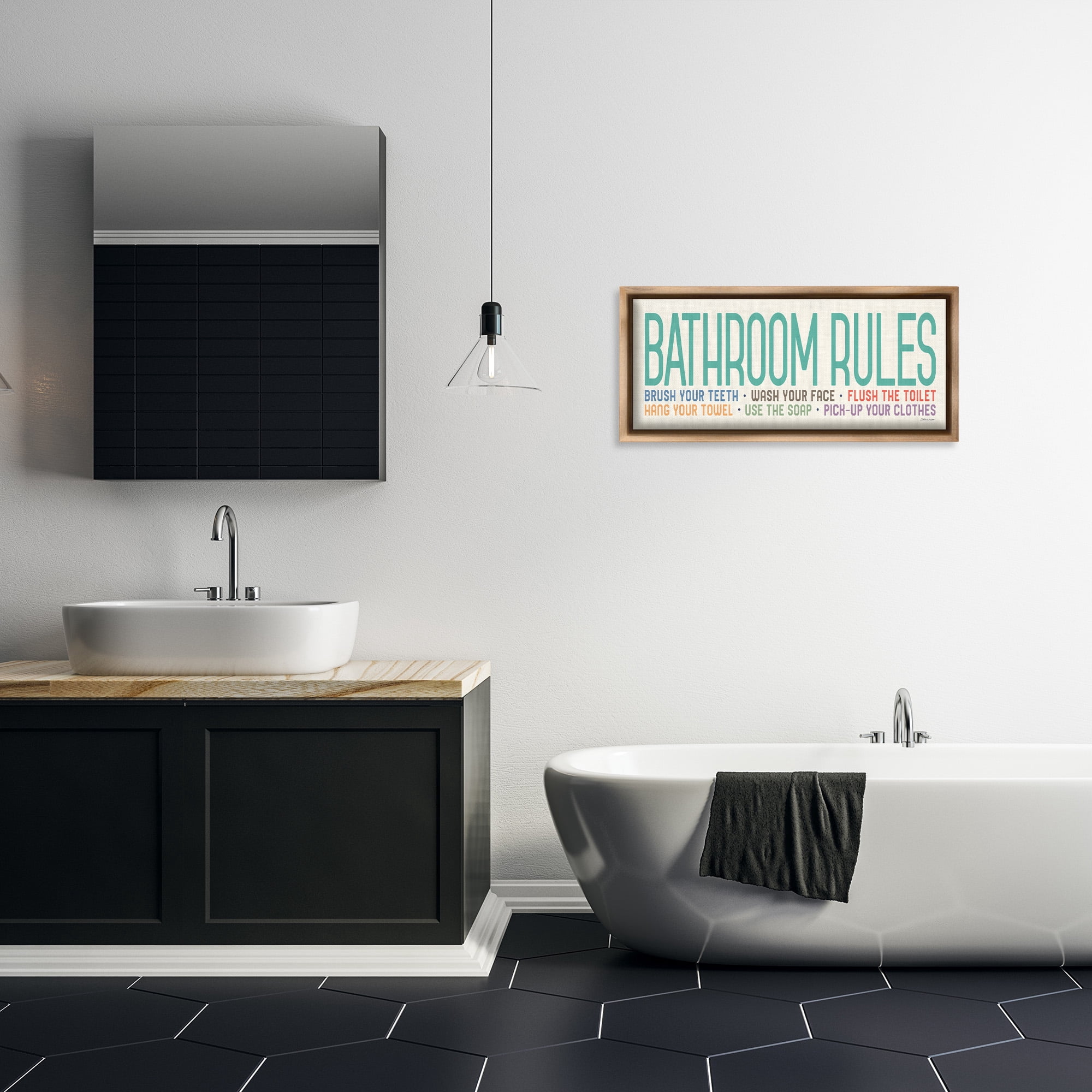 Stupell Industries Bathroom Rules with Teal Text Abstract Painting Brown Floater Framed Canvas Art Print Wall Art, 31 x 14