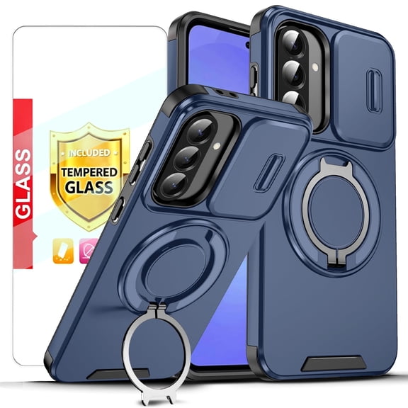 Kryonix for Samsung Galaxy A37 5G 6.7'' Case with Screen Protector,Includes a Sliding Camera Cover,360° Magnetic Rotated Ring Kickstand,Military Grade Shockproof Protective Cover,Blue