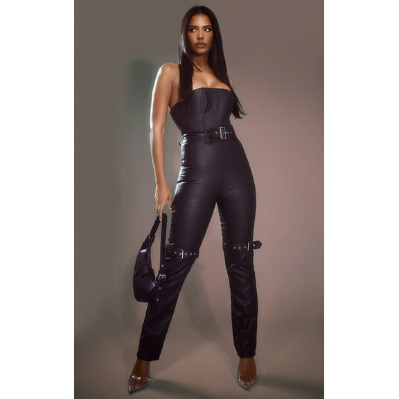 Black Buckle Detail Bandeau Coated Jumpsuit