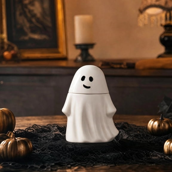 Halloween Ghost Treat Jar Ceramic Candy Storage Container with Decorative Midnight Lid, Multicolor Ghost Cookie Jar for Tabletop Kitchen Counter Mantel Party Decor