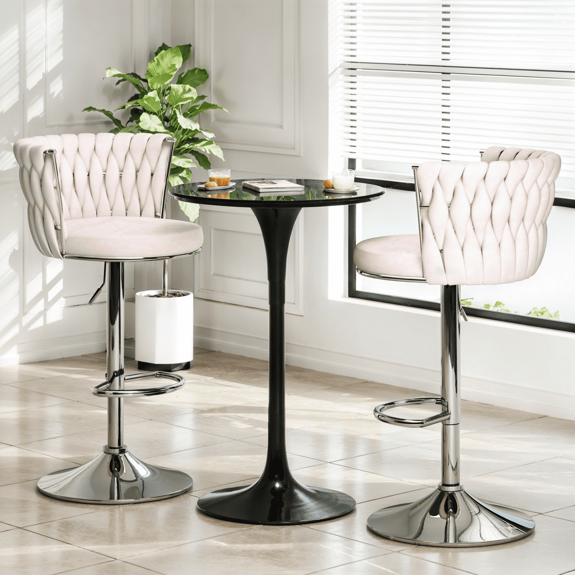 Baxluxe Velvet Bar Stools Set of 2, Swivel Counter Height Bar Chairs with Footrest, Metal Base Adjustable Pub Stools Island Chairs, High Stools Chairs for Kitchen Island, Pub, Restaurant, Beige