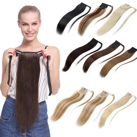 100 Real European Hair Extensions S-noilite Human Hair Ponytail Extension Wrap 100% Real Remy Premium Long Straight Human Hair Silky Soft Hairpiece Natural Black,18