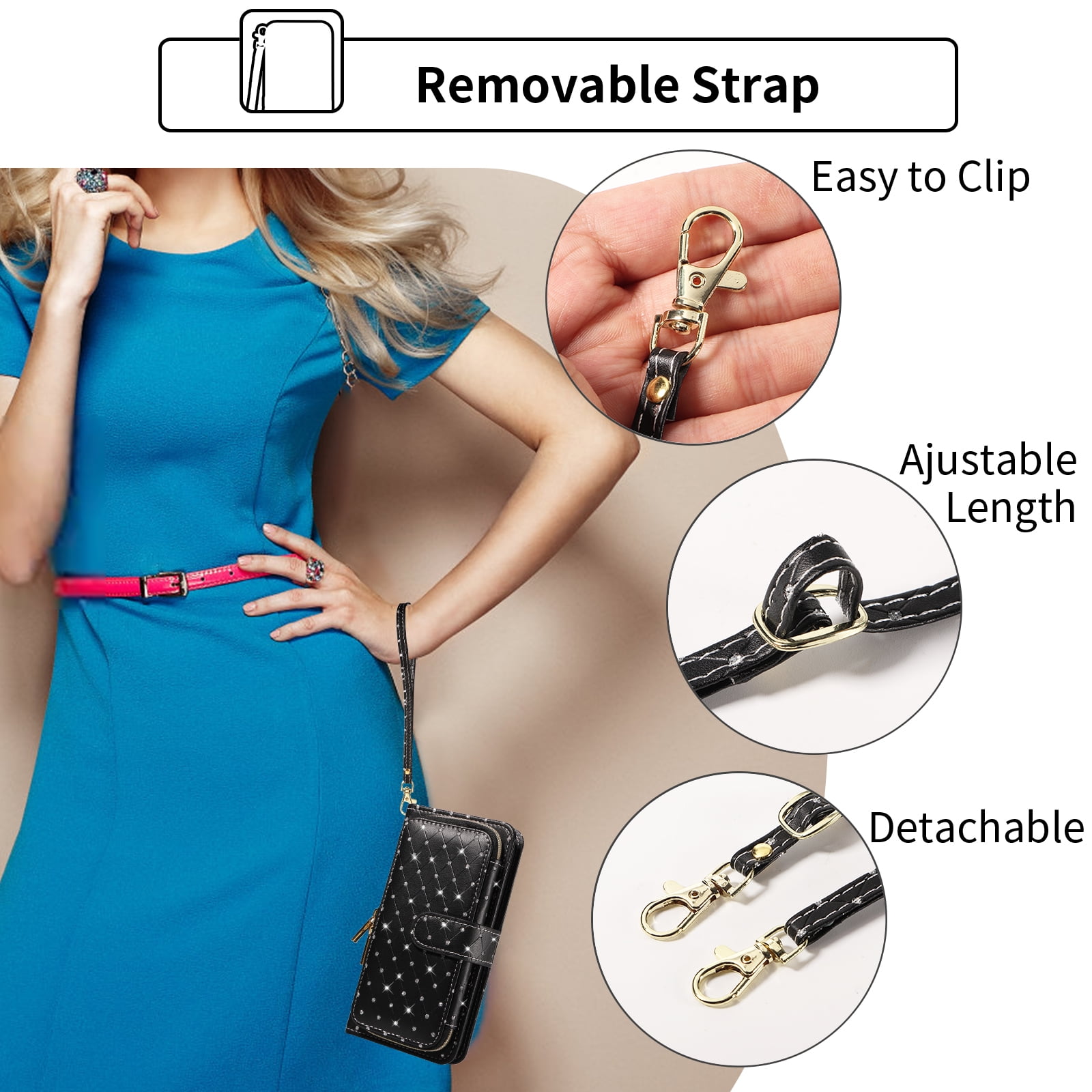 Compatible with iPhone 16e/SE 2025/SE 4 Wallet Phone Case Tempered Glass Screen Protector Bling Glitter Crossbody Lanyard Strap Flip Zipper Purse Card Holder Cell Cover for i Phone16e SE4 Women Black
