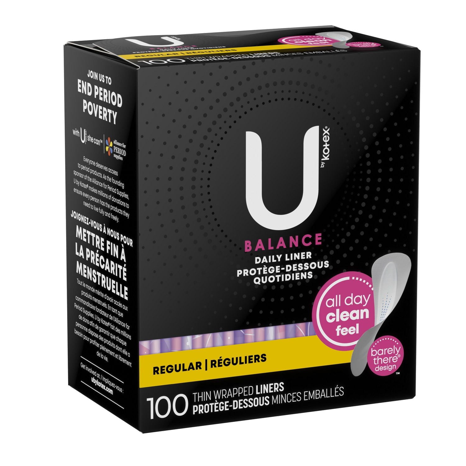 Protège-dessous pour le quotidien emballés U by Kotex Balance, absorption légère, longueur régulière 100 Unités