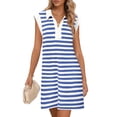 thumbnail image 1 of Vestido MEROKEETY 2025, verano, manga corta, cuello en V, a rayas, azul, 1 of 8