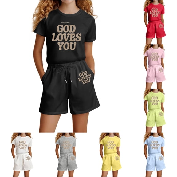 SGMVNU Girls Summer Matching Set 2 Piece Outfit Saying Letter Print Casual Short Sleeve Shirt and Shorts Set with Pockets, Size 9-10 Years, Black