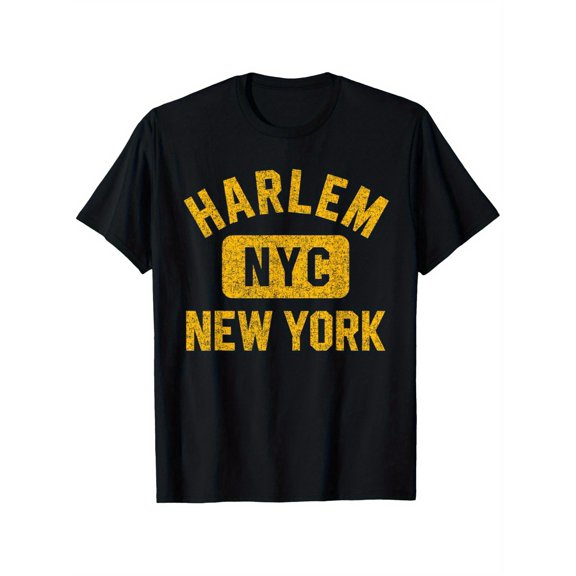 Men' & Women' Harlem NYC Distressed Amber Print T-Shirt - Retro Crew Neck Short Sleeve Tee with Iconic Harlem NYC, Machine Washable Polyester, Casual Gym & Casual Attire Suitable for NYC Outfits