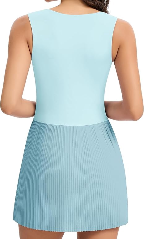 JoyGirl Womens Square Neck Tennis Dress Pleated Sleeveless Golf Dress with Built in Shorts Athletic Dresses with Pockets