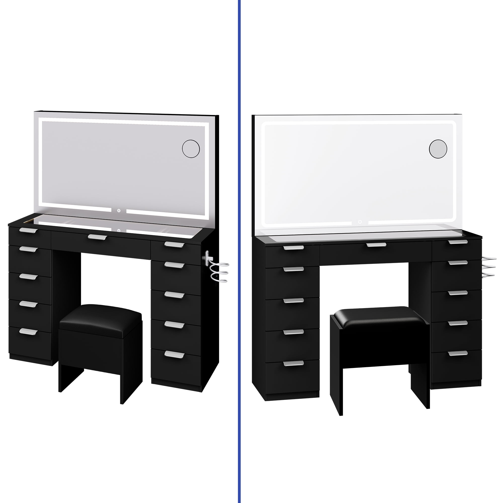 Uforic Elegant Black Vanity Desk Set with LED Mirror and Glass Top