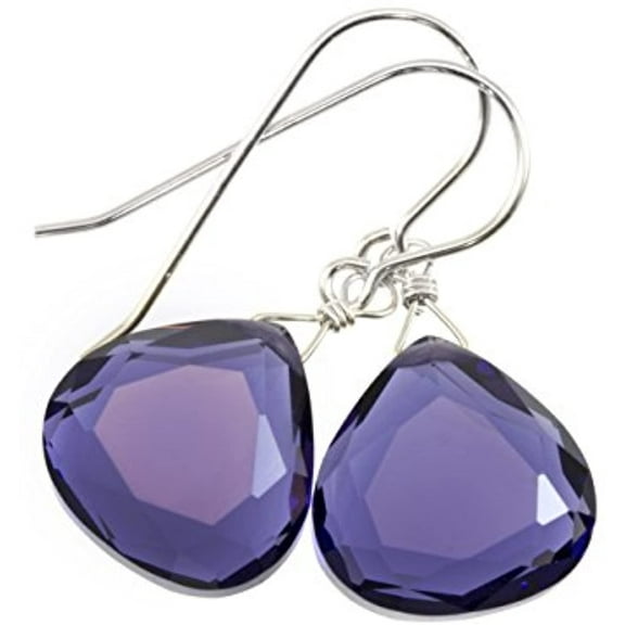 Sterling Silver Lavender Blue Simulated Tanzanite Earrings Faceted Heart Teardrops Simple Briolette Dangle Drops