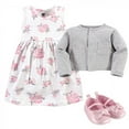 thumbnail image 2 of Hudson Baby Infant Girl Cotton Dress, Cardigan and Shoe 3pc Set, Pink Gray Floral, 0-3 Months, 2 of 5