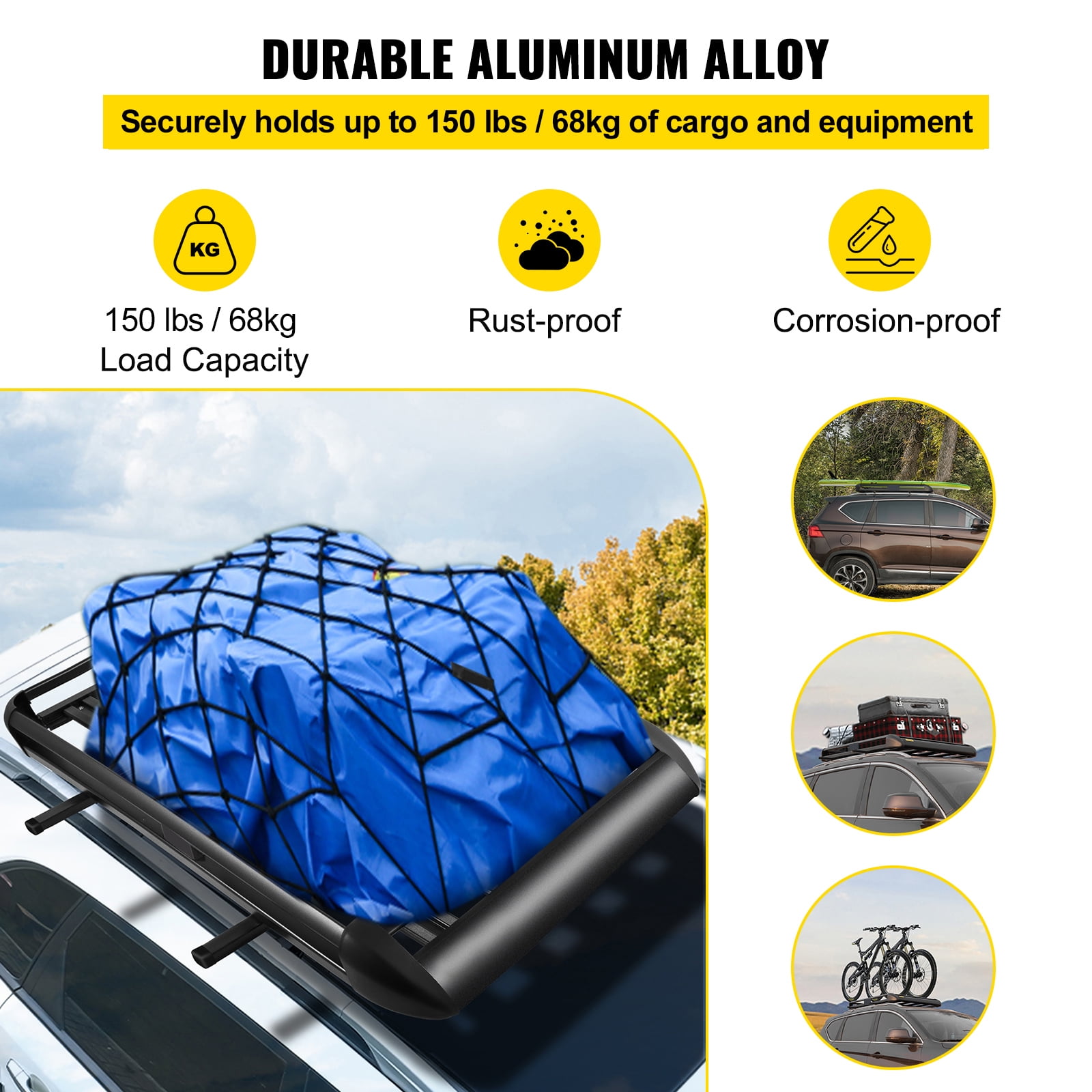 KFFKFF Universal 50.4 x 36.4 Inch Roof Cargo Basket, Aluminum Roof-Mounted Luggage Rack with Bars XL-B for Cars, SUVs, and Travel Essentials